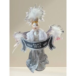 Blown Glass New Year 2002 Lady 9" Ornament‎ Feathered Flapper Silver Dress